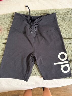 ALO Yoga Black High-Waist Lace-Up Bike Shorts with White Logo